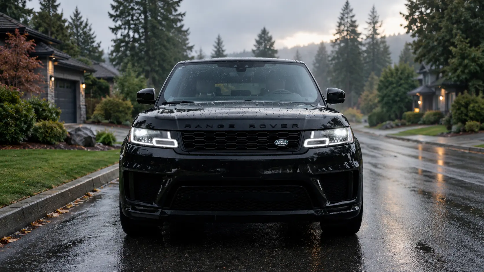 Black Range Rover with its headlights on, parked on a rain-soaked suburban street lined with evergreen trees