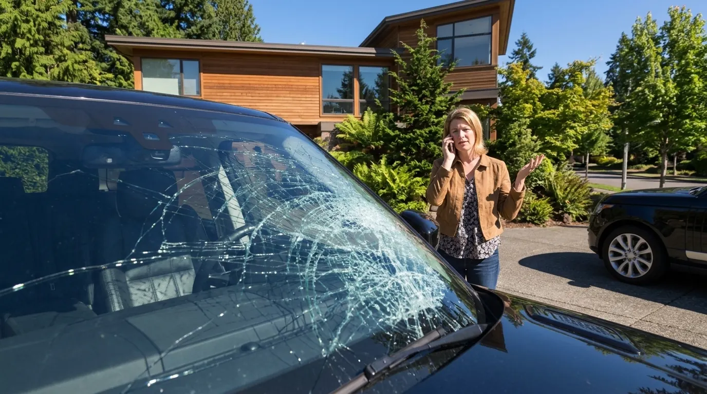 Black SUV with a shattered windshield parked in front of a modern wood-sided house